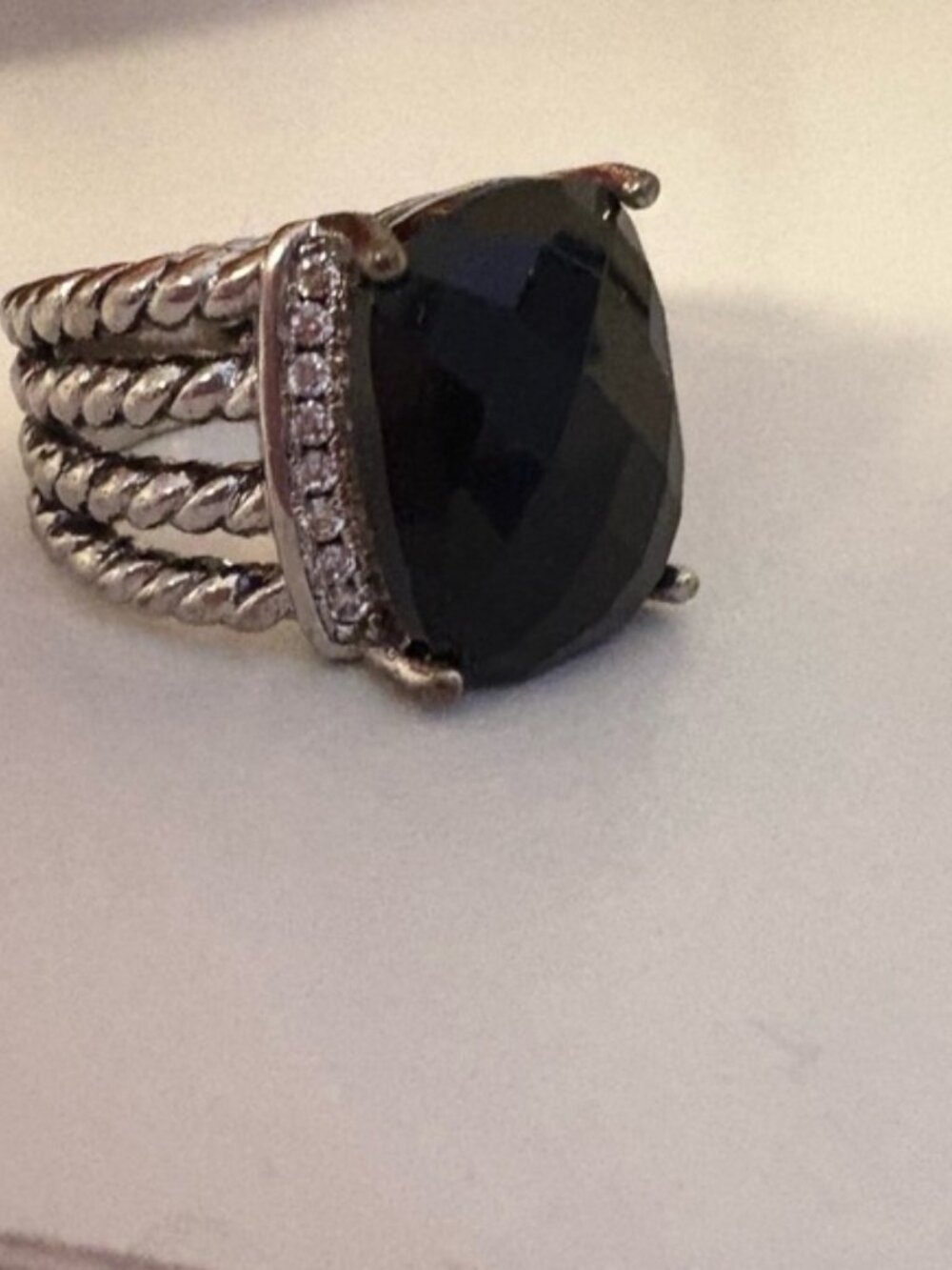 David Yurman Silver Multi-Rope Ring with Black Cushion Stone sz7